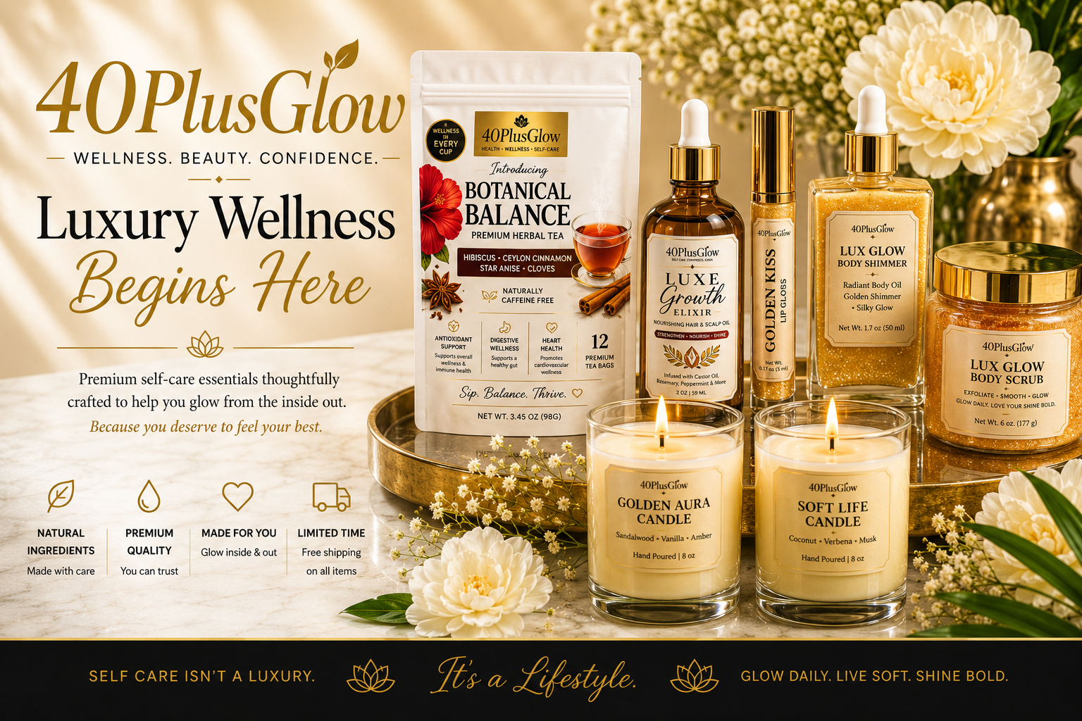 40PlusGlow premium wellness products, self-care essentials, herbal tea, hair growth oil and beauty collection