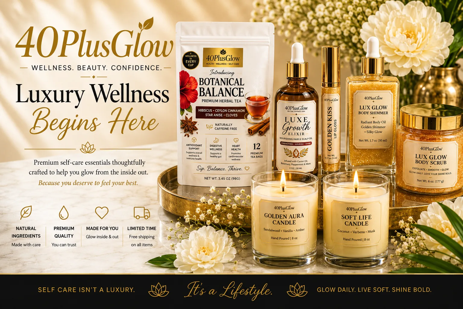 40PlusGlow premium wellness products, self-care essentials, herbal tea, hair growth oil and beauty collection