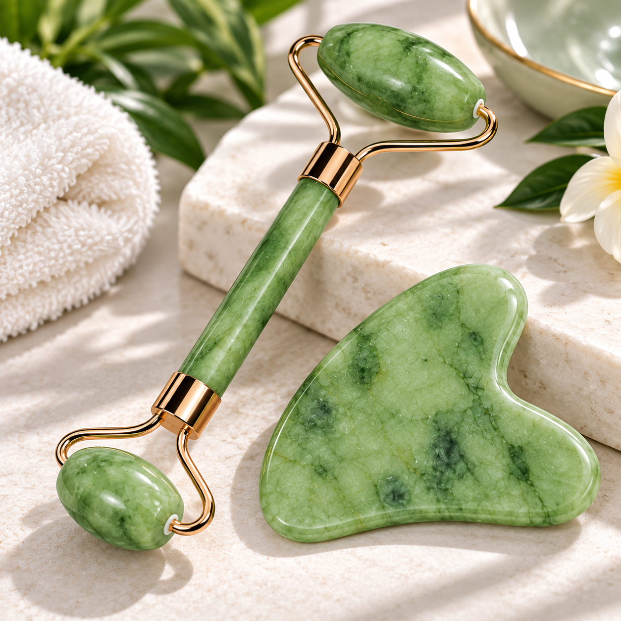 40PlusGlow Jade Facial Wellness Set with jade roller and gua sha