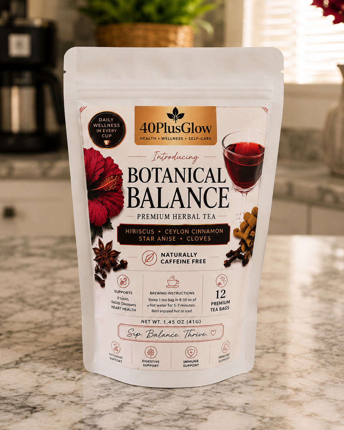 40PlusGlow Botanical Balance Premium Herbal Tea with hibiscus, Ceylon cinnamon, star anise and cloves