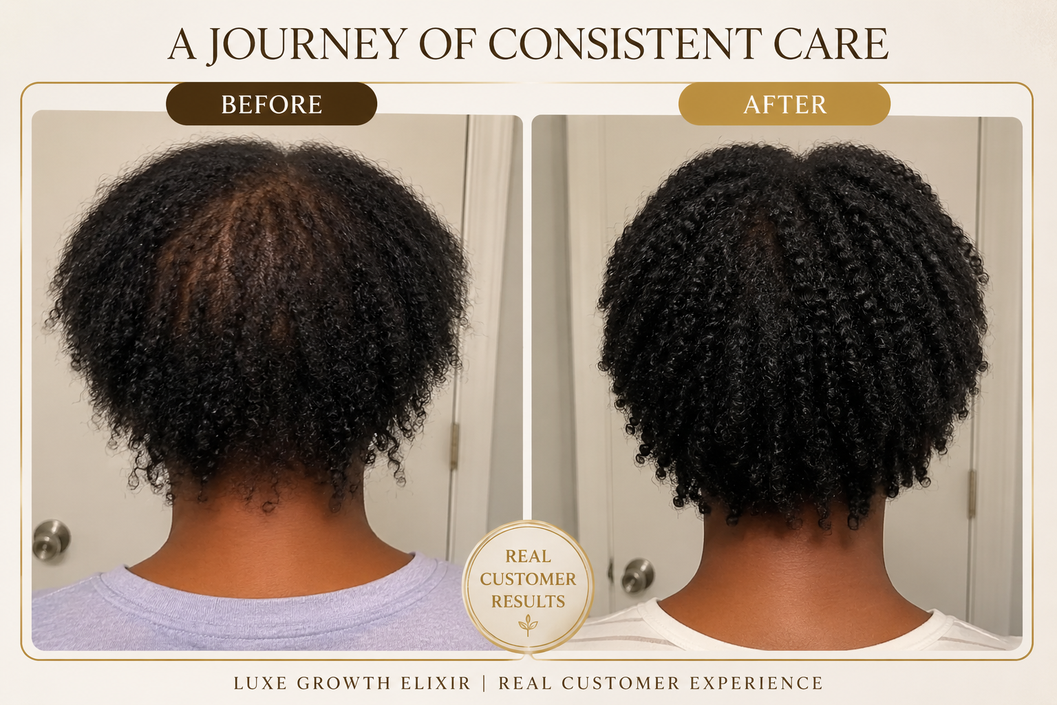 Luxe Growth Elixir hair care journey before and after