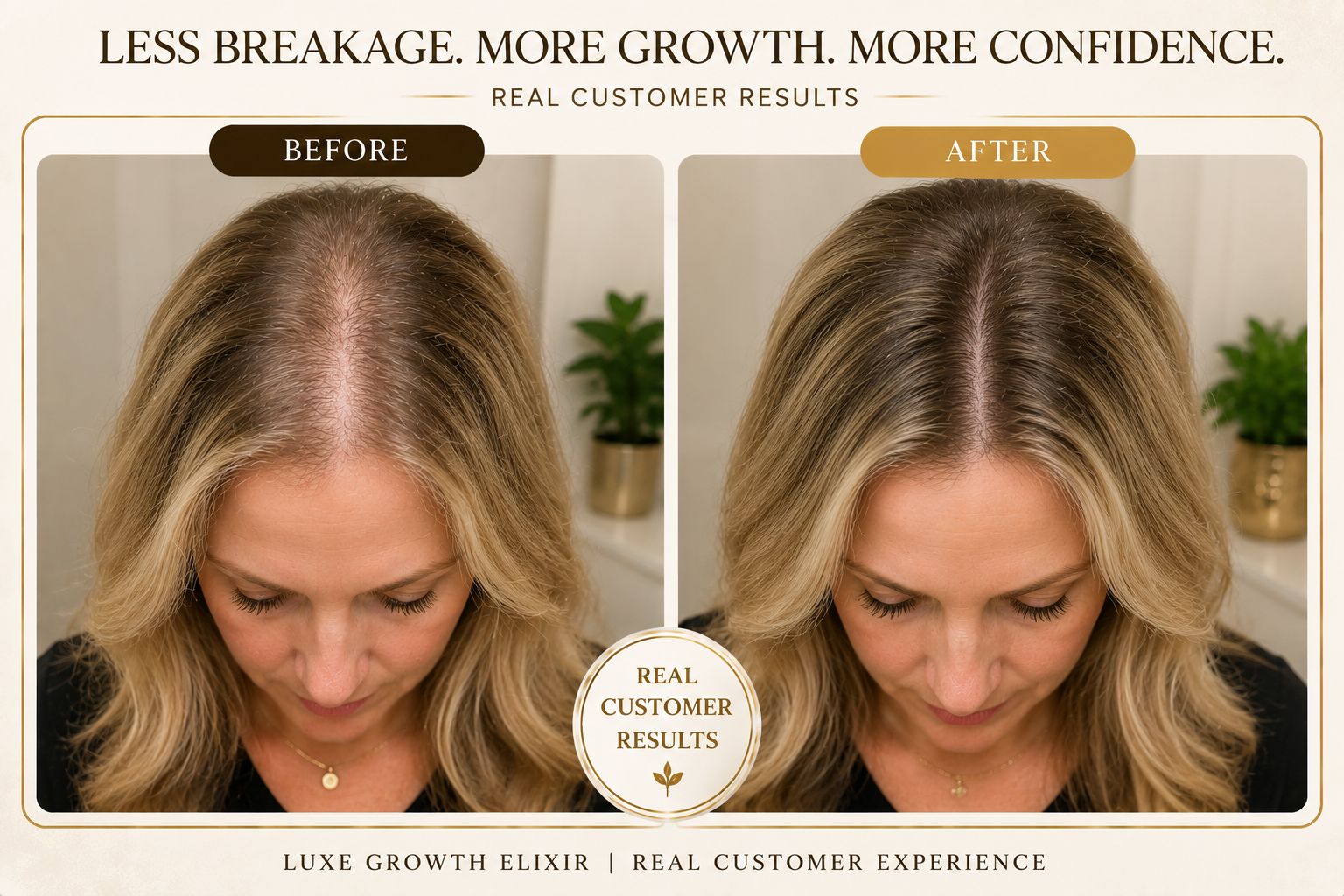 Luxe Growth Elixir hair care journey before and after
