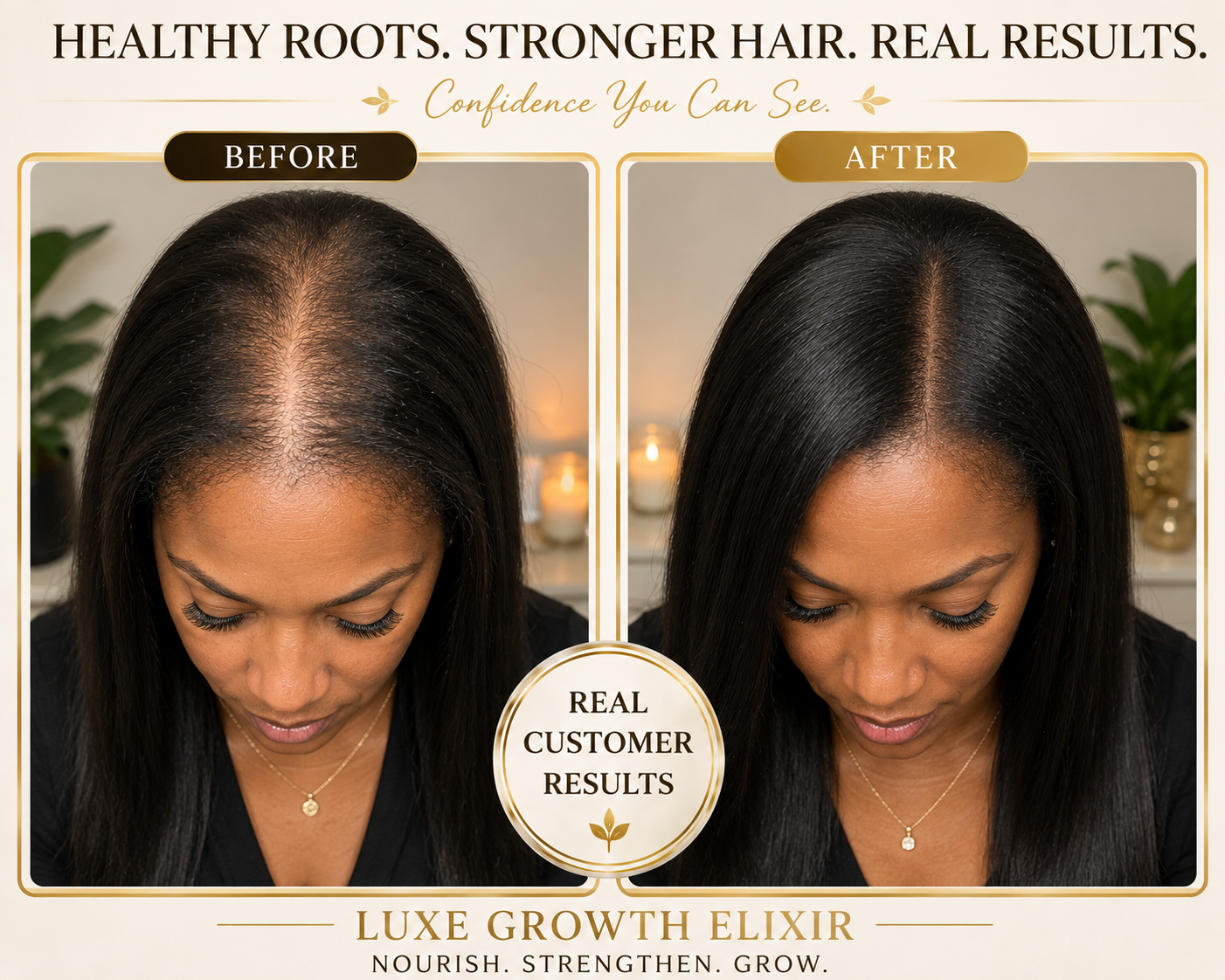 Luxe Growth Elixir hair care journey before and after