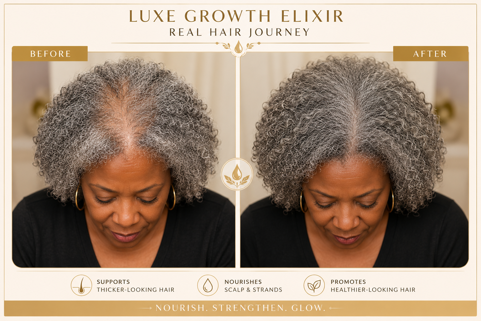 Luxe Growth Elixir hair care journey before and after