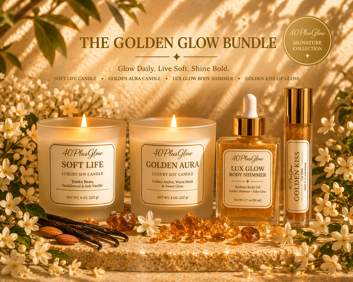 40PlusGlow Golden Glow Bundle featuring premium wellness and self-care products