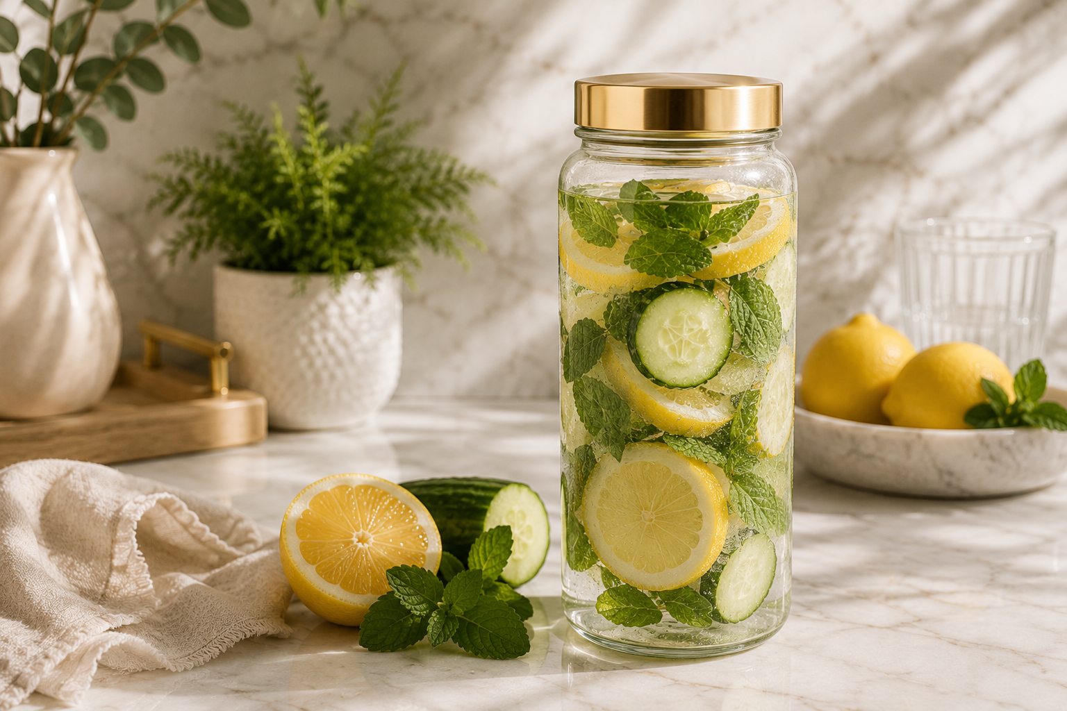 Refreshing infused water with lemon cucumber and mint for everyday hydration