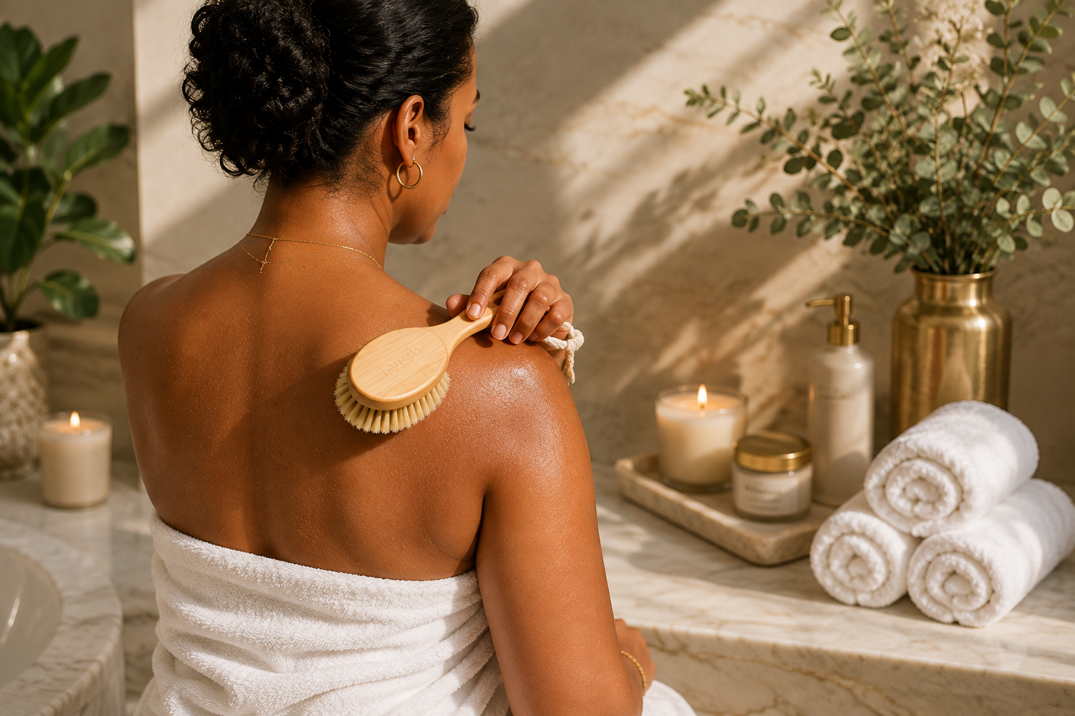 Woman practicing gentle dry brushing as part of a wellness and self-care routine