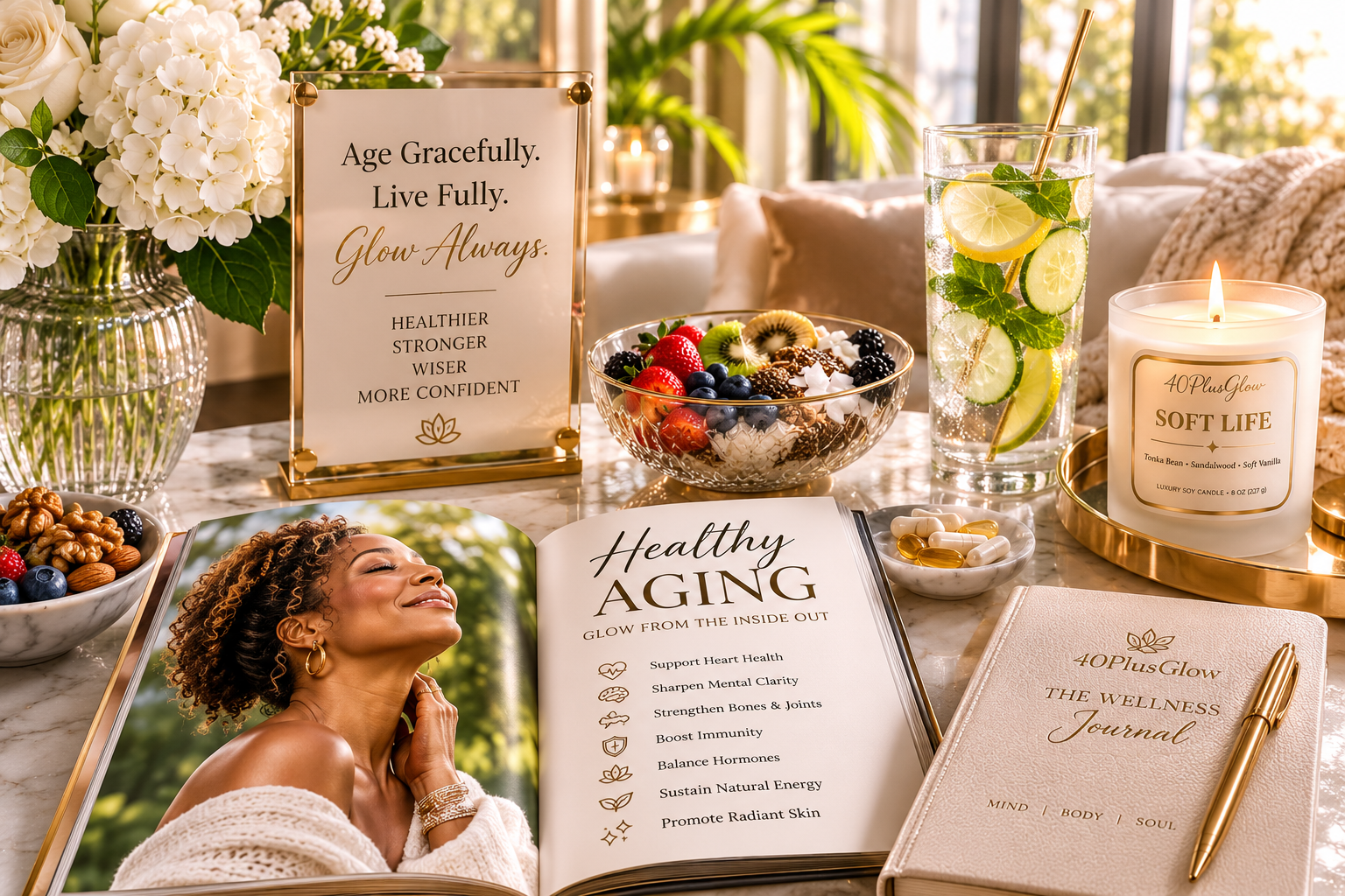 Relaxing self-care scene with journal tea candle and peaceful wellness routine