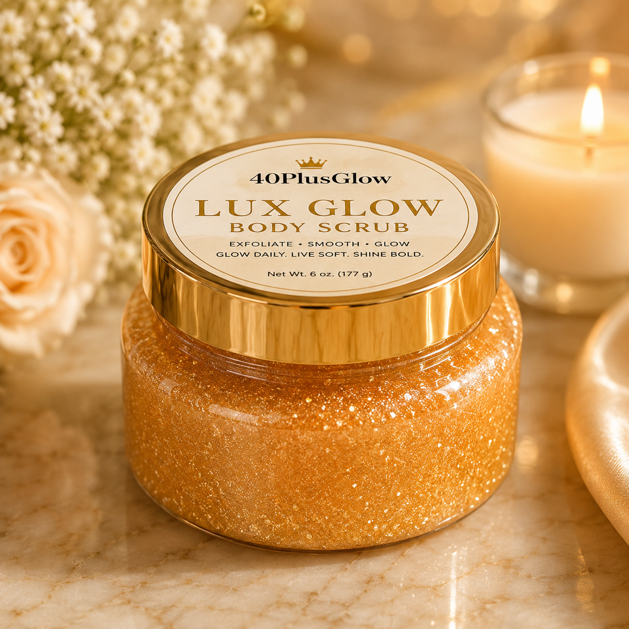 40PlusGlow Lux Glow Body Scrub exfoliating body scrub for smooth glowing skin