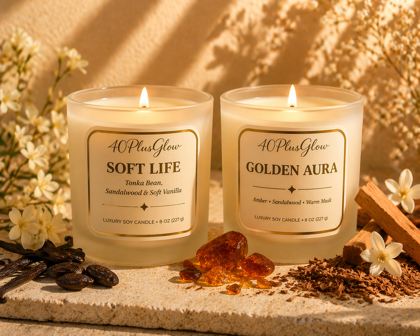 40PlusGlow Luxury Candle Set featuring Soft Life and Golden Aura coconut soy wax candles